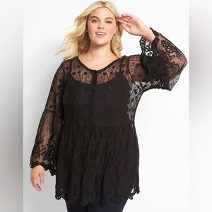 NWT - Lane Bryant - Embroidered Lace Sheer Babydoll Top in Black - 18/20